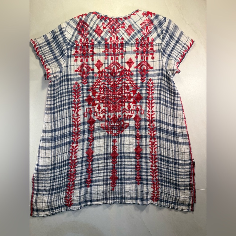 Johnny Was Workshop Embroidered Plaid Top | Red Blue Boho Tunic | Size M - Picture 6 of 7